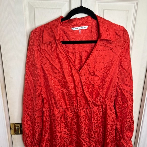 Trina Turk 100% Silk Satin Cheetah Print Red Long Sleeve Dress Size 10 - Picture 5 of 11
